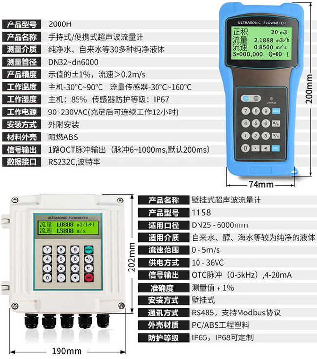 分體式超聲波流量計技術參數對照表