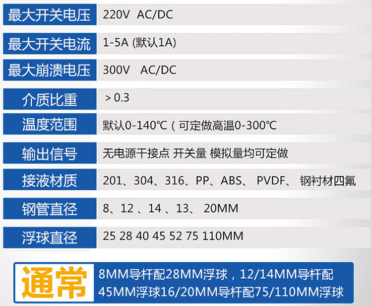 磷酸浮球液位計技術參數對照表